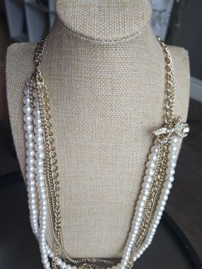 Multi-Strand Pearl and Gold Crystal Bow Necklace